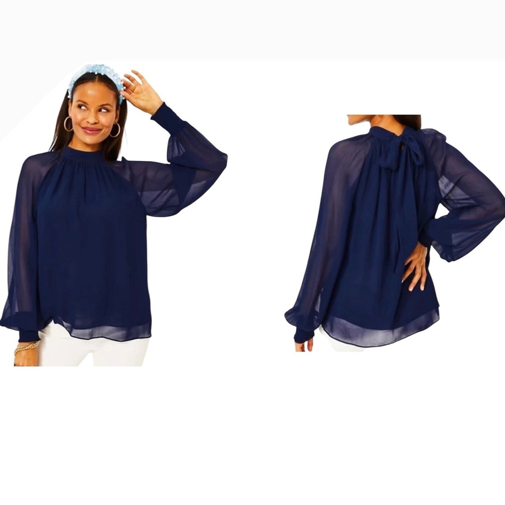 Lilly Pulitzer Women's Ellielynn Long Sleeve Top Blouse Low Tide Navy Blue Sz 00